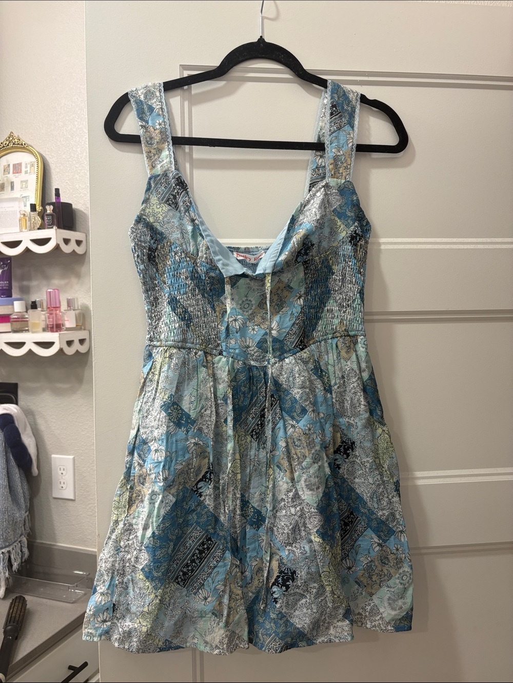 Sky Blue Patchwork Mini Sundress with Smocked Bodice